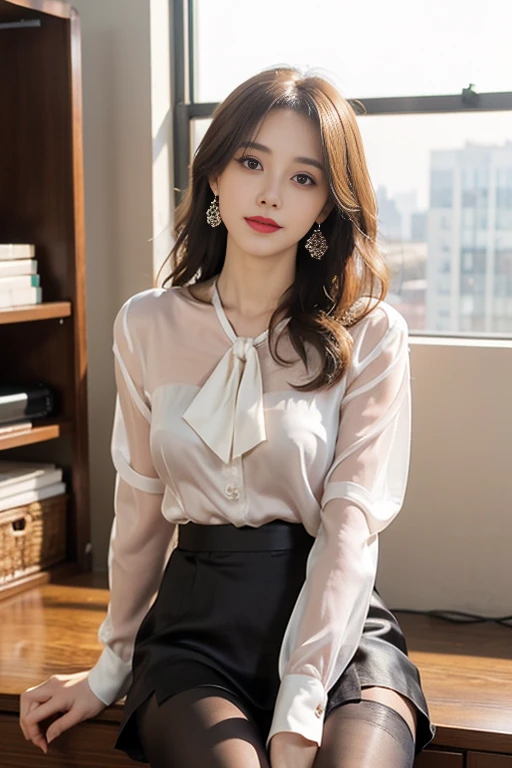 Tabletop, highest quality, Realistic, Very detailed, finely, High resolution, 8k wallpaper, One beautiful woman,, Sharp focus, Perfect dynamic composition, Beautiful and detailed, Thinning hair, Detailed Realistic skin texture, smile, Close-up portrait, Model Body Type、president'secretary、mini skirt、High heels、whole body、suit,((brown semi-long hair:1.2))((Gentle inward-curving waves:1.2)),((Gold Necklace_Big earrings:1.2)),((shy smile:1.3)),((Blouse and skirt, Wearing a white silk blouse,Please wear a white shirt and a dark skirt.:1.3)), 、whole bodyショット、((Standing whole body figure supermodel, whole bodyがフレーム内に収まる))、In a luxurious room、