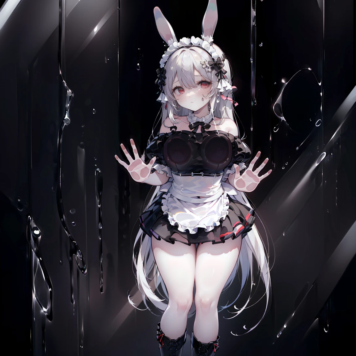 1girl, Furina, white hair:1.1, streaked hair, short hair, blue eyes, cowboy shot:1.15, looking at viewer, from front, bunnysuit, black bunnysuit, blue bowtie:1.1, pantyhose, fake bunny ears, wrist cuffs, bowtie, medium breasts, wavy mouth, closed mouth:1.4, embarrassed, @_@, areola slip:1.3, pale skin:1.3, white skin:1.3, full-face blush:1.3, nervous frown, v:1.1, trembling,