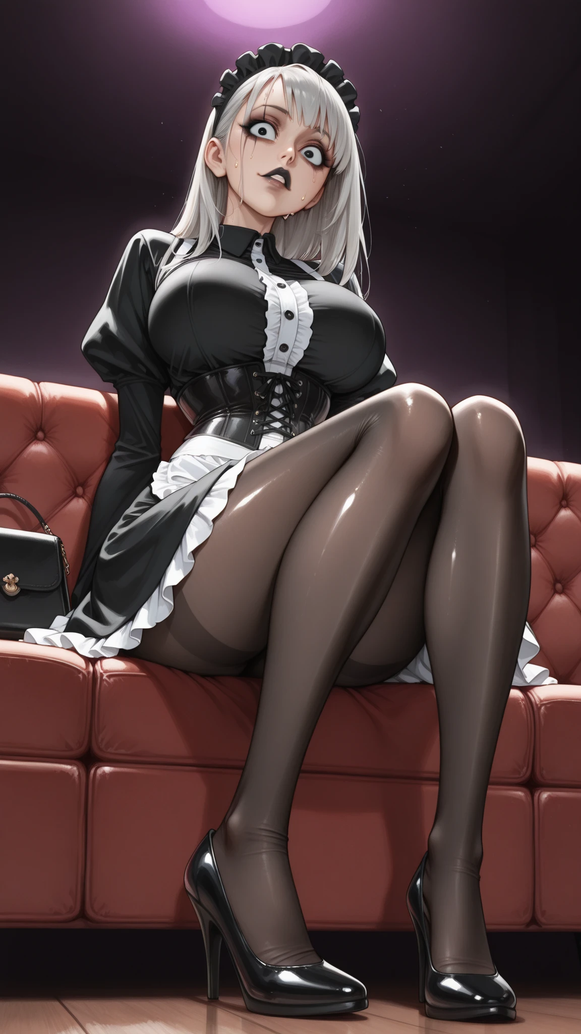 In the dimly lit living room, a slender and plump girl with fluffy silver hair sits on an antique armchair. Dressed in a pristine white shirt and a black wrinkled skirt, she completes her outfit with black transparent pantyhose. The girl's delicate figure is accentuated by the graceful curves of her body, and her correct limb positions add to her reasonable appearance. With her hands elegantly resting behind her head, her facial features are delicately rendered with great attention to detail, from the position of her nose to the subtle lines around her eyes. The living room background boasts an ultra-detailed, high-resolution scene with intricate patterns and soft shadows