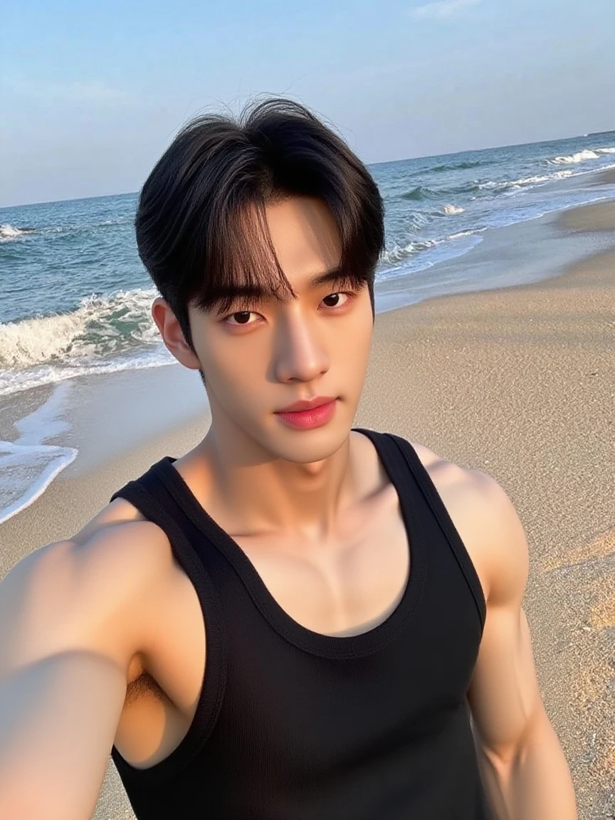 Hyunstayv2, frontal, shimmering, split lips, (black hair:1.2), (perfect abdomen:1.2), (ultra realistic:1.2), (beach background:1.2), (intricate:1.2), (looking at the viewer:1.2),