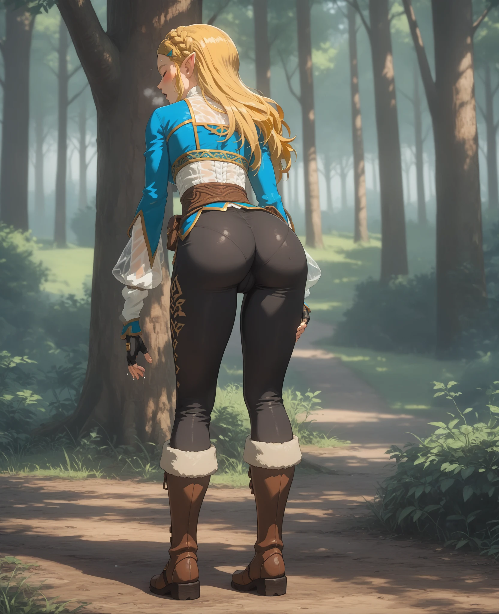 "An exquisite masterpiece with the best quality showcasing Princess Zelda from The Legend of Zelda: Breath of the Wild. Solo portrait of 1girl with black pants and a generously proportioned chest. Nintendo-inspired brilliance, the setting is in a bright forest, shot from behind."