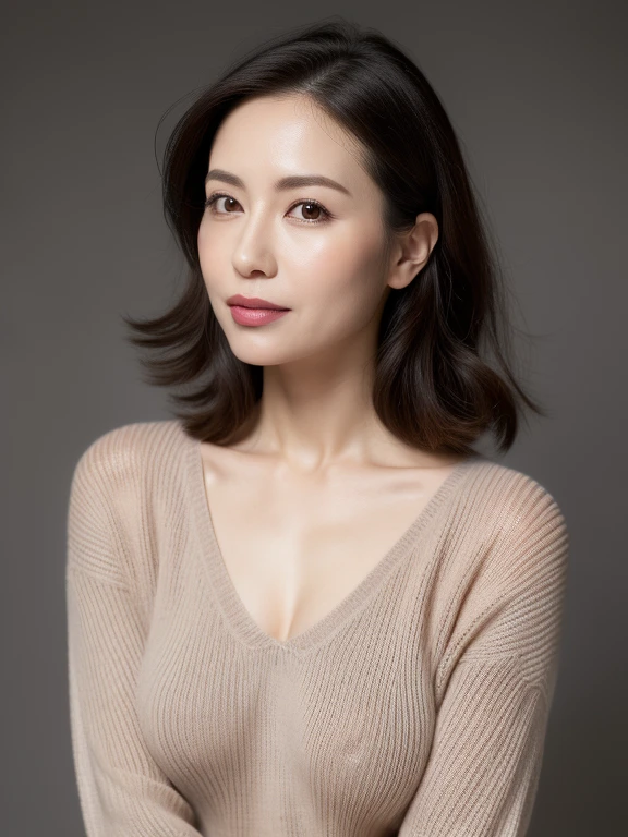High resolution, High level image quality, high detail, masterpiece, rough skin, anatomically correct, sharp, gray background ((japanese mature, 50 years old)), alone, ((facial wrinkles)), good shape big breasts, Straight light brown hair that reaches to the shoulders, Chubby body type, (((stand upright, facing the center of the screen.))), Staring straight ahead with an open mouth and a tired face, ,V-neck sweater,blouse, skirt,