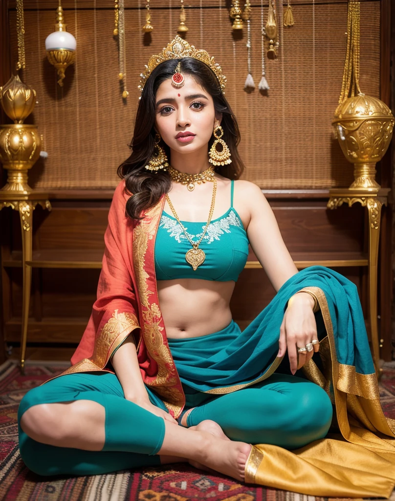 Create a stunning and vibrant scene featuring a group of hot Indian girls engaging in various yoga poses. Each girl has striking  hair styled in unique, fashionable ways that complement their individual personalities. They are dressed in cool, trendy yoga outfits that mix traditional Indian elements with modern flair, such as patterned leggings, colorful sports bras, and chic yoga accessories. The setting is a serene, lush garden with blooming flowers and ornate, ancient Indian architecture in the background. The atmosphere is both peaceful and energetic, capturing the essence of yoga and the beauty of Indian culture. Include details like soft sunlight filtering through the trees, enhancing the vibrant colors and the overall ethereal feel of the scene and her boobs and hips and  should looks hot and in different poses and in different background 






