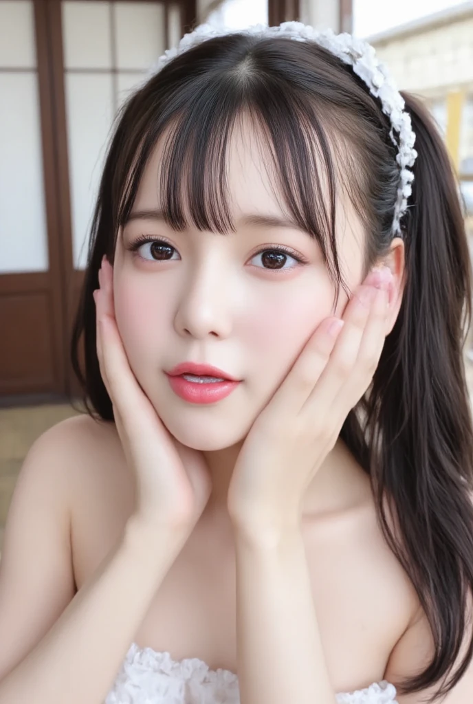 Piece Table, bestquality, 1girl in, (Beauty Girl, Cosplayers:1.2), (16 years old:1.2), Very good eye definition..., (Symmetrical eyes:1.3), NSTDA., (onsen, , Cover your body with steam...:1.3), Beautiful breasts, Brown eyes, Parted Bangs, brunette hair, Upper teeth, The face is full of white slime , The mouth is full of white slime.