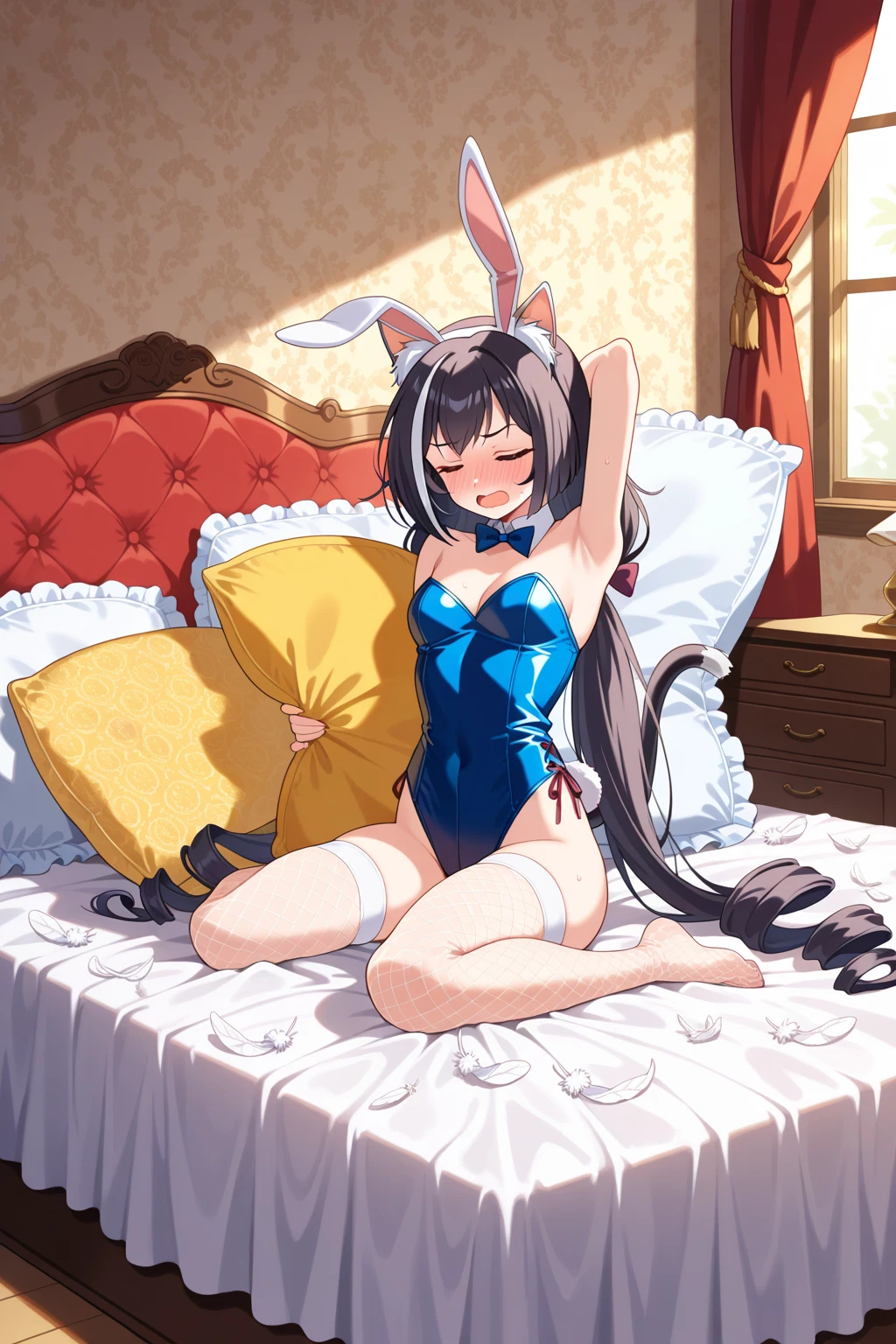 Obra maestra, ultra alta calidad, Anime illustration of a girl with long black hair who wears a sexy bunny suit and is on her back showing her big ass 