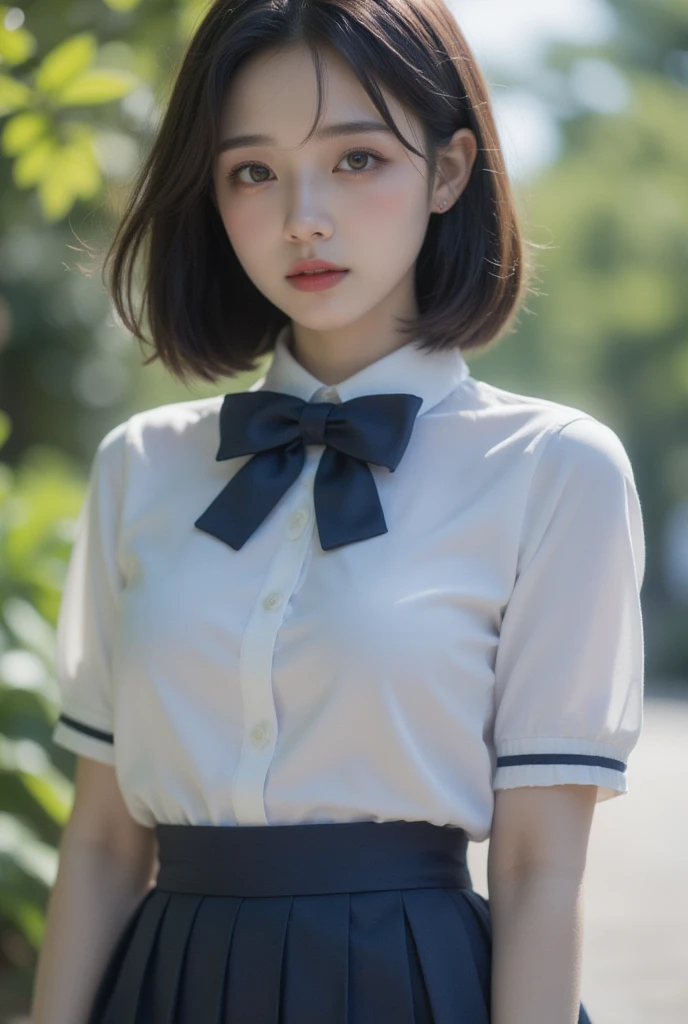 Caucasian 14 year old girl、Background Blur、super high quality、sunlight、Fair-skinned beautiful girl、disheveled bob hair、Small breasts、Small breastsの谷間、Fleeting Expression、Clear contours、Adult atmosphere、high resolution skin、Fair and beautiful thighs、Kyudo uniform、Ready your bow、Hair tied up、Well-formed face