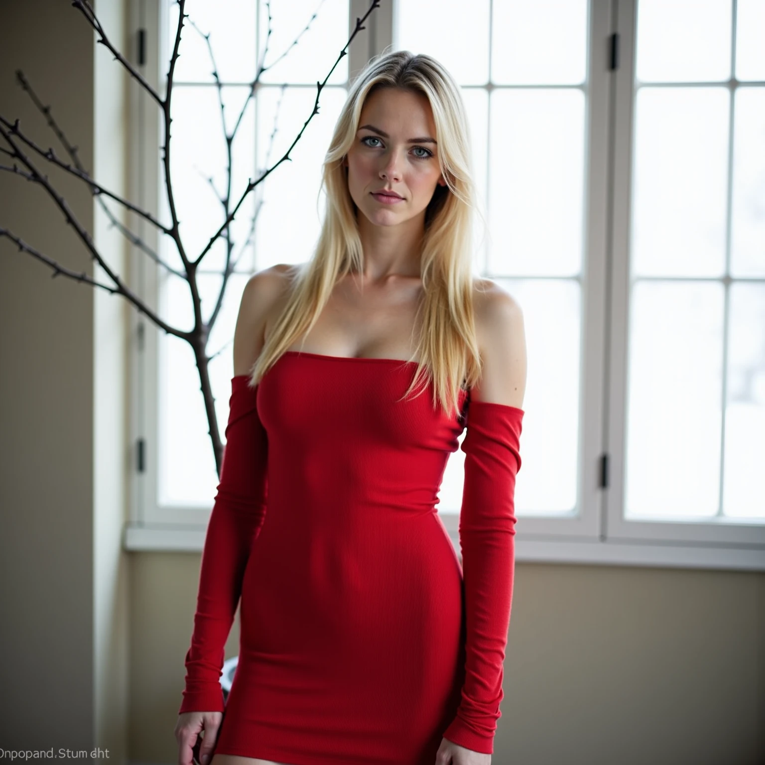 nat, 1girl, pink headband, green eyes, blonde hair, long hair, lips, bang, blush, red dress, long sleeves, she is lifting her skirt showing her , depth of field, bokeh, (special attention to skin detail: 1.2), masterpiece, best quality, ultra-detailed, ultra-HD, photorealistic, cinematic, ((close-up camera shot)), sensual pose, alluring