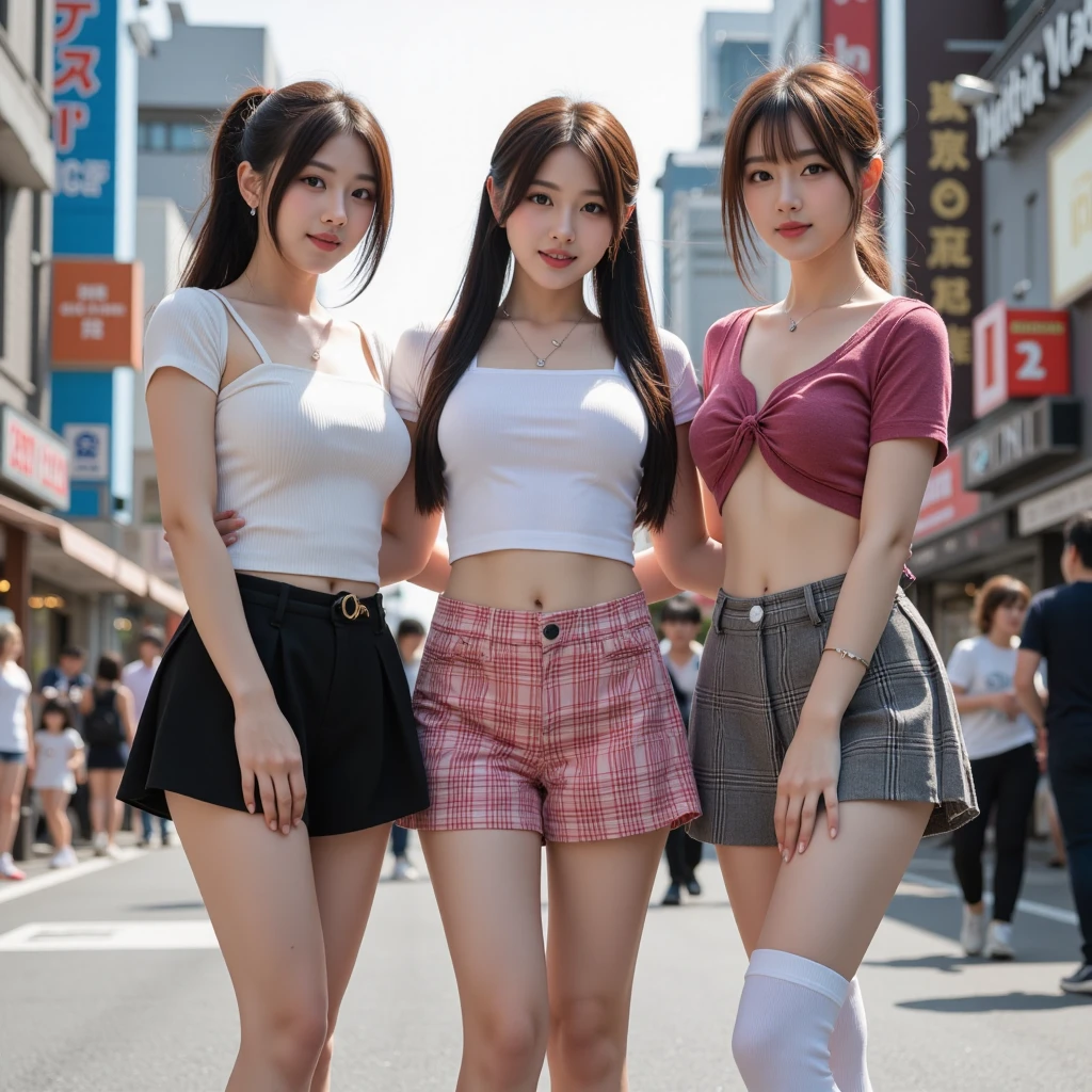 the Extremely Detailed CG Unity 8K Wallpapers、top-quality、ultra-detailliert、masterpiece、realisitic、Photo Real、extremely detailed cute girl、AKB48、japanes、18year old、(skirt rift)、(skirt lift by yourself))、String panties、panties focus、red blush、cparted lips、looking at the viewers、Semi-body shot、Wearing a sleeveless shirt、(Large crowds)、(Crowded city)、length hair、Brown hair、poneyTail、A smile