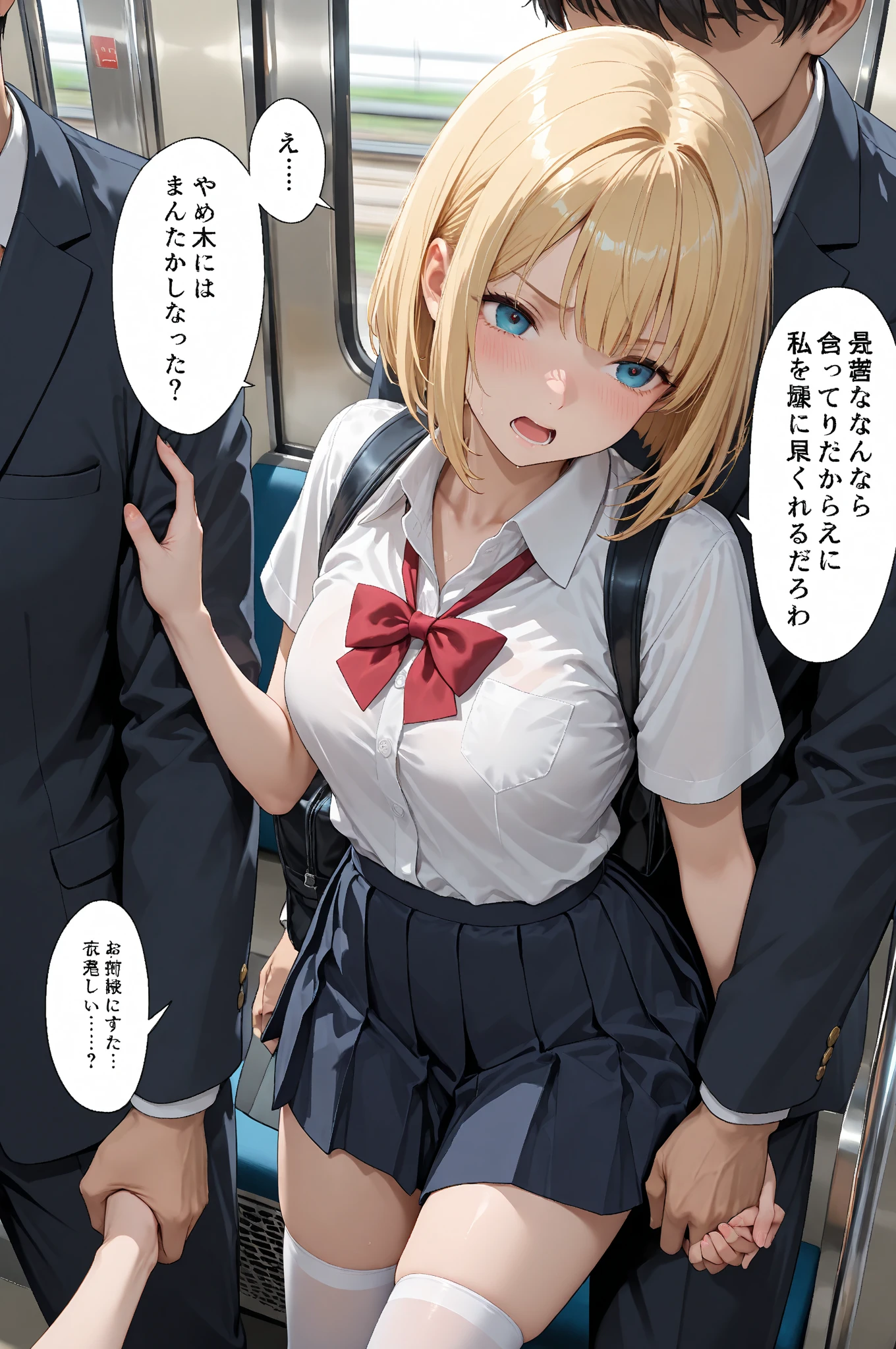 masterpiece, Highest quality, 1 person,( Large Breasts,Are standing, View your audience,),Detailed Background、A person who writes in detail、Accurate human body、Knowledgeable person、Accurate 5 fingers,Mature Woman,Thighsが太い,Cruby Body, Nishikigi chisato, bob cut, hair ribbon,cyclone \(for once\),Long sleeve、Thighs、alone,TranT, (train interior), netorare, chikan, grabbing, hetero, pussy juices, molestation, public indecency, public use,faceless male fingering, 2boys, faceless male, assisted exposure,slave collar