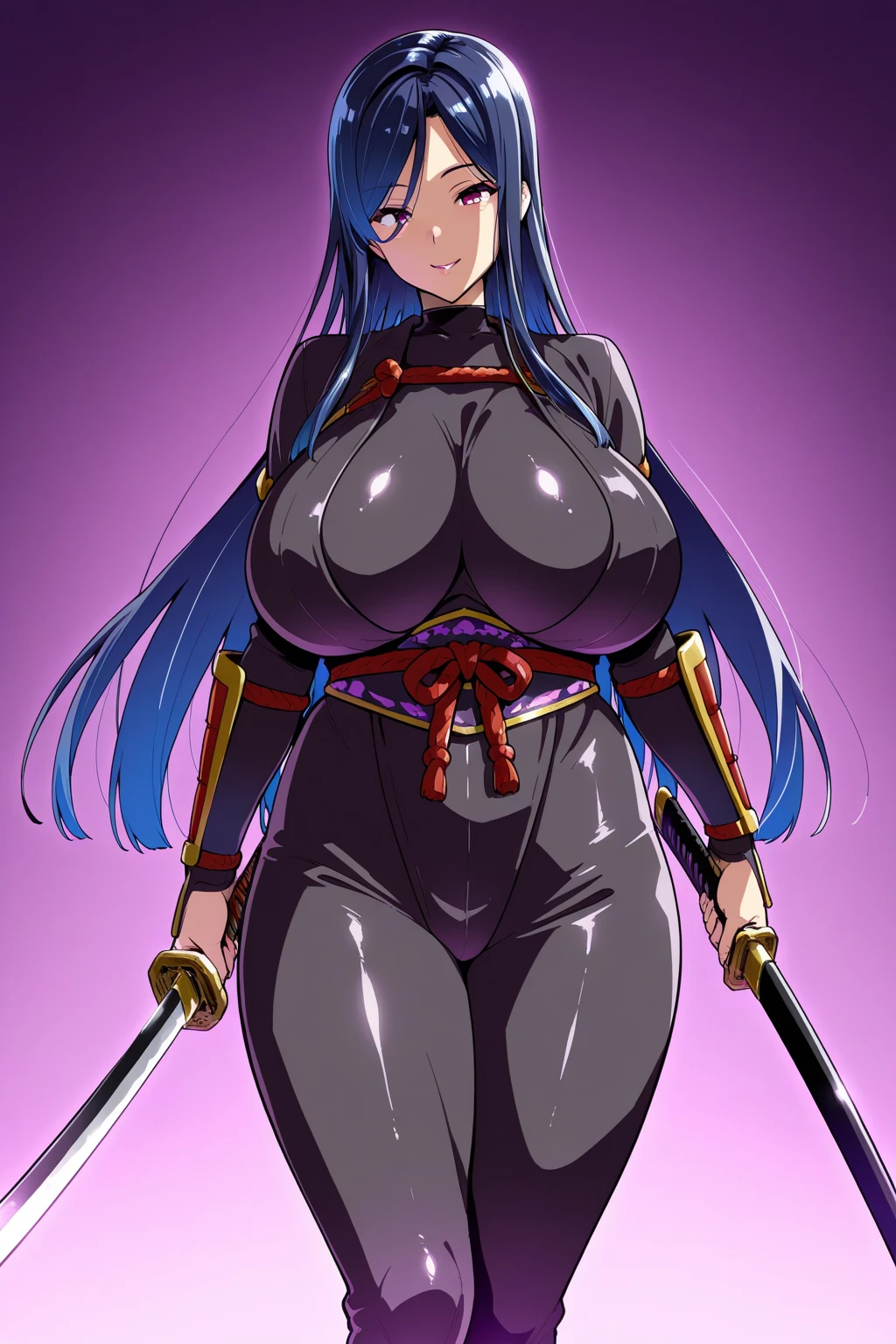 Satsuki Kiryuin, Satsuki Kiryuin from Kill-la-Kill, big breasts, voluminous breasts, curvy breasts, mesh stockings, standing with a katana, full height, bottom view, best quality, very detailed, ultra 8k resolution,huge breast, coat , vest, long skirt, portrait, full body, victorias clothing, long dress, knight, pants, white body suit