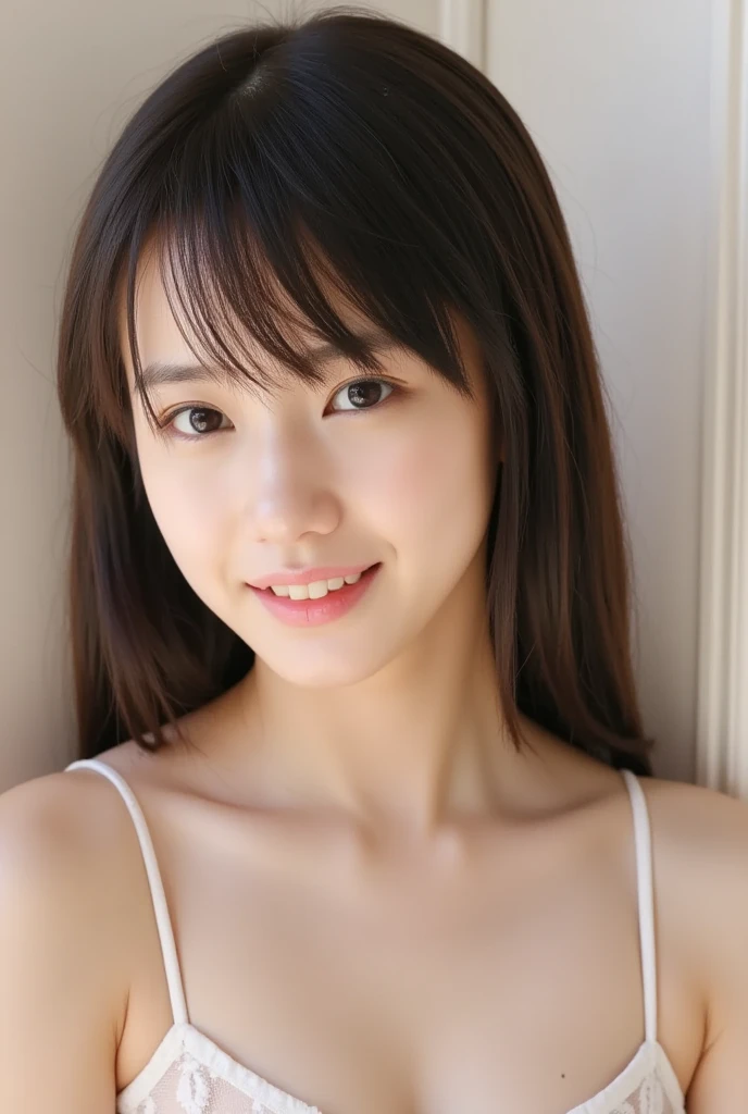 (masterpiece, Highest quality:1.4), Award-winning portraits, 8K, 85mm, alone, Beautiful Face, Delicate girl,  (Bedroom at night), Sophisticated, cute, 15 years old, RAW Photos, Confused, High resolution, Sharp focus, Background Blur、(((Flat Chest 、thin and delicate body、Childish atmosphere)))、shiny semi-long hair、ponytail、I have a small mole on my left cheek、 Dark brown eyes、sexy、flexible legs、Knee Shot、Smile shyly、Shot from below、Are sleeping
