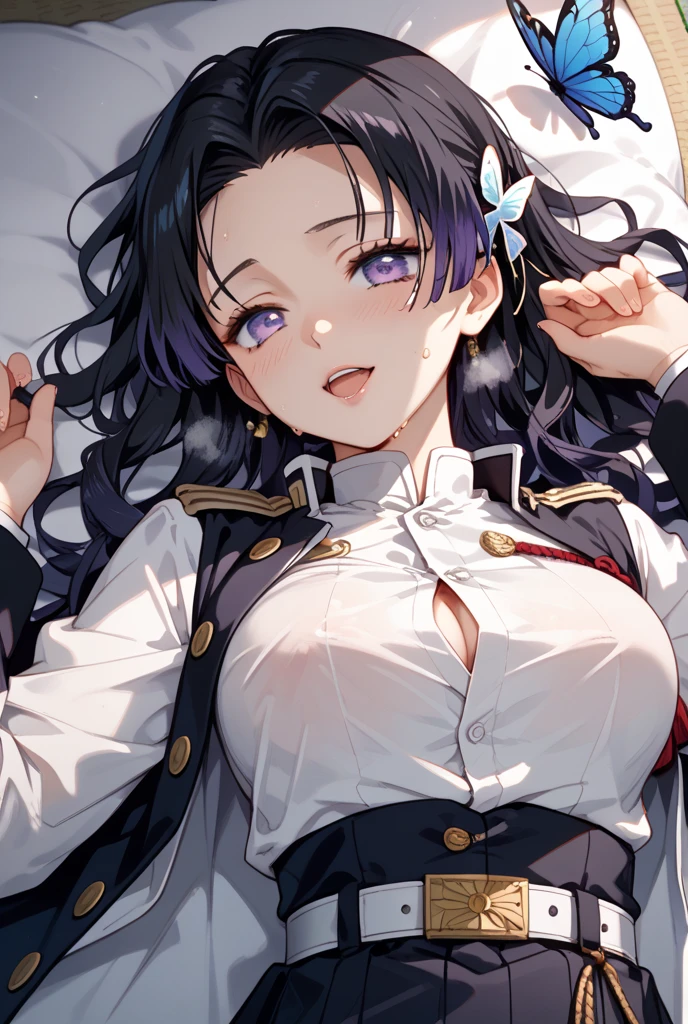 High resolution、beautiful dark blue eyes、1 girl、long hair、AKB48 Uniform、idol clothes、big and full breasts、sleeping face up on the bed、cute anime illustration、perfect lighting、whole body