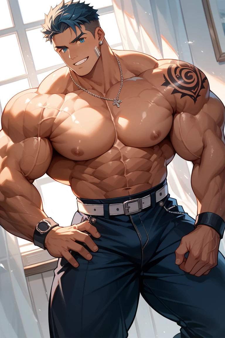 Male tribe, ((male, boy, male, male only, 1man, male sex)), ((((18 years old)))), muscular male, ((male muscle)), male male, male male, male chest, handsome face, ((grey hair, short hair, very short pointed hair, grey hair with blue bleached hair, inner hair)))), ((grey eyes :1.3))), Complex eyes, beautiful detailed eyes, symmetrical eyes, big eyes :1.5, ((Black skin, dark skin, shiny skin :1.5), tanned skin, bright skin :1.5, tanned skin, shiny skin, very shiny body)), ((Exaggerated muscles, exaggerated shoulders, very muscular and huge)), ((muscular, hairy body, muscular man, tall man, big toe, abs, big thighs, wide shoulders, open chest)), ((detailed face and eyes), ((trimmed)), (square chin)(nsfw), ((((bare chest, bare torso)))), (barefoot,), (bump of pants)),), ((Tattoo and mark :1.5)), ((Tattoo and mark :1.5)), ((topless, topless,), wearing casual shorts :1.3, baggy shorts)), ((ripped clothes, wet clothes, complicated clothes)), dynamic pose, looking at the audience, (serious, piercing eyes), middle, proportion to fit size, rule of three, ((tattered utility room)), winter, landscape :1.25, ((complex landscape), (messy background)), dirty rags everywhere, (tattered utility room background, tattered utility room), extreme landscape, (color spots everywhere), light blue yarn, modern style, run-down room, (sunrise, light blue moment), (No glossy fabric decorations), high resolution, sharp focus, (Super detailed, very detailed), (Realistic artwork :1.37), (very detailed CG unified 8k wallpaper), ((Bright colors, vibrant theme)), (Complex), (Masterpiece), (best quality), Art Photography, (DSLR photography), (Complex background), Perfectly rendered face, perfect face detail, realistic face, photo-realistic, ((intricate detail)), ((realistic)), ((Exaggerated muscles, exaggerated shoulders, very muscular and huge)), ((muscular, hairy body, muscular man, tall man, big toe, abs, big thighs, wide shoulders, open chest)),((Hands droop naturally))