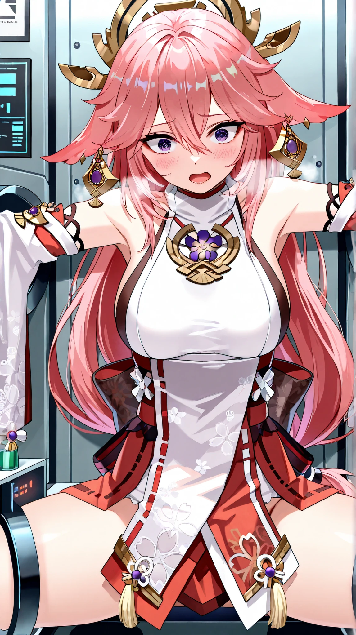 masterpiece,best quality,source_anime,1girl,solo,yae_miko,indoors,laboratory,stationary restraints,wide spread arms,closed legs,through wall,cowboy shot,looking at viewer, purple eyes, pink hair, very long hair, low-tied long hair, animal ears, fox ears, floppy ears, hair between eyes, earrings, hair ornament, jewelry, white kimono, japanese clothes, long sleeves, wide sleeves, detached sleeves, bare shoulders,sleeveless shirt,open mouth,heavy breathing,blush,looking at viewer,scared