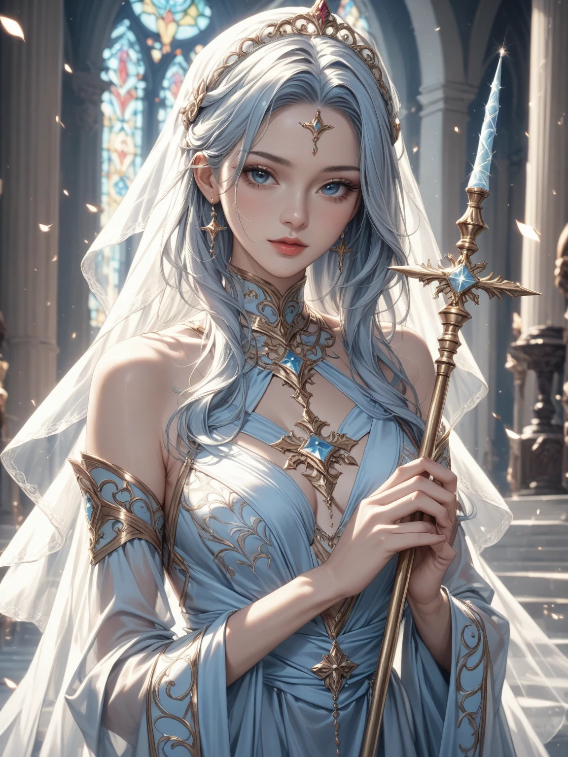 (Archer girl dressed in armor like an enchanting moon goddess),(Realistic Beautiful Night Sorceress),(Artemis, goddess of the moon),Silver bow and arrow with luxurious decoration in the hand,Ready to shoot the bow,mysterious girl,Amazing effect,(small ),Lifelike face,Compassionate eyes,cute  face,Blue eyes,Realistic Nada Room,Silver hair shining like the moon,de pele branca,Young Goddess,Photoquality,Dignified Moon,Tsurime,Blue glowing eyes,((Bow Drawing Pose)),