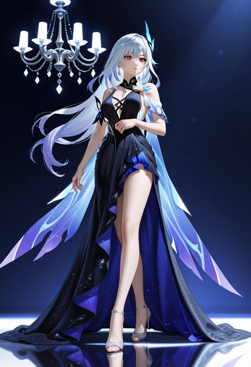 highest quality,masterpiece,Ultra-high resolution,(Actual:1.4),Original photo,Ultra-high resolution，8k，There are women，Fair skin，Big wave diamond purple and cool black collaboration dress:1.5，High heels，Long legs:1.5，Bright and beautiful，high waist，Flashy makeup using red eyeshadow，