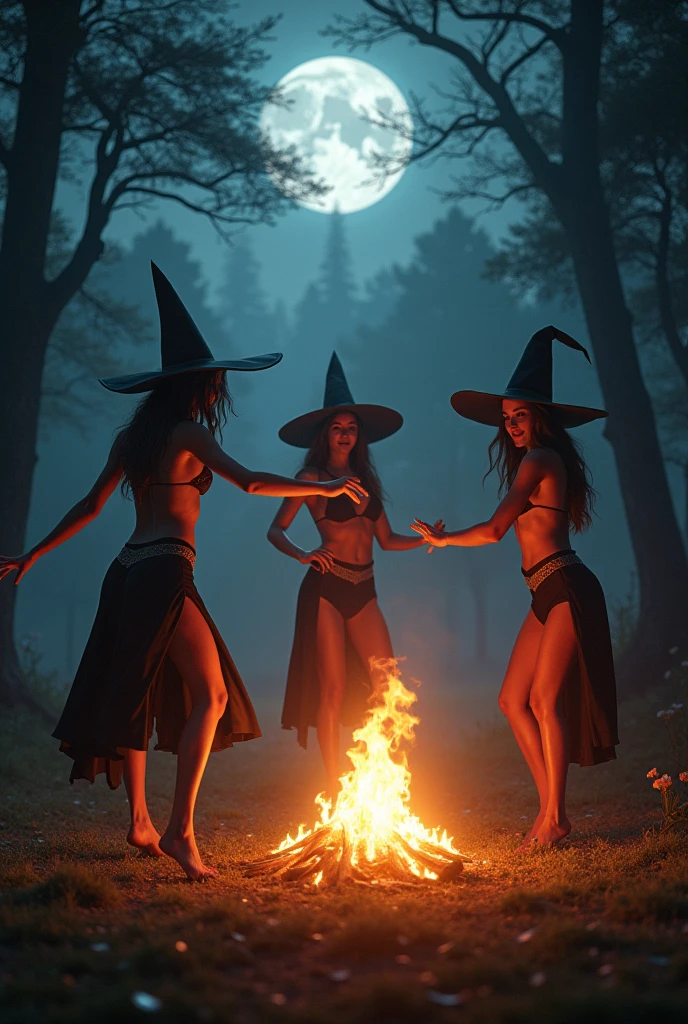 ((masterpiece, top quality, high resolution, highly detailed CG unified 8K wallpaper)), (huge stunning goddess shot, very hot and sexy, jaw dropping beauty, perfect proportions, beautiful body, slim body beauty:1.3),  Moonlit witches sabbat, five skyclad witches perform a seremony around a large bonfire, deep in the forest, clearing, moon cast a blueish hue on their pale naked bodies