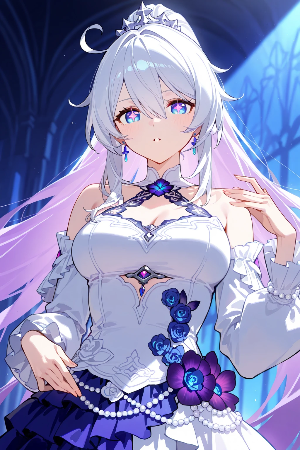 Emilia from Re:Zero kara Hajimeru Isekai Seikatsu, gorgeous white and purple wet wedding dress, holding a bunch of clematis, silk accesory, veil, grace hair style, flower flying effect, garden background, perfect body shape, small breast, empress and forzen aura, detailed skin, silver necklace, diamond ring, masterpieces, silver and light purple pupil, heavy make up, best quality anime 4k wallpaper quality, extreme eye detail, flower earring, belt, collar, silver crown