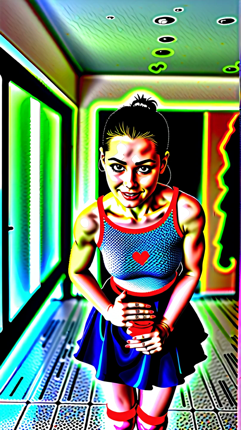 sexy Hindi woman, sexy pose, Highly detailed CG Unity 8k wallpaper, of the highest quality, masutepiece, Realistic, photographrealistic, Very detailed beautiful Hindi girl,(((Bery short hair)))、cleavage , (very sweaty) , Round eyes, ((You can see the shape of the nipple through the clothes))、viewer, blush, Smile, ((Tall pretty Hindi  woman))、((Vertical navel))、Parted lips, full body photographed , Tank top , Lewd sportswear ,((training))、 squatt, (((Thin sportswear)))、sports gym、erect through、Muchimuchi、Frontal photography、((((Taken from below))))