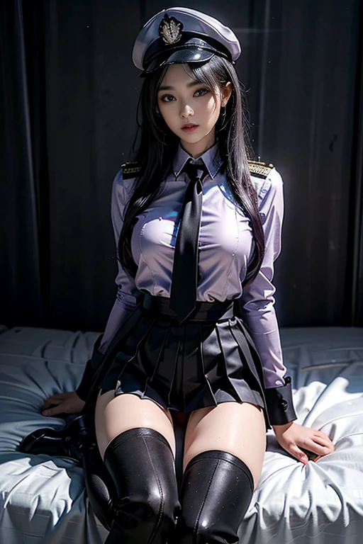 One wears a black and white color scheme JK uniform，18-year-old beautiful girl with white stockings，perfect bodies，Goose egg face，Double ponytail hairstyle，Pose M on the bed
