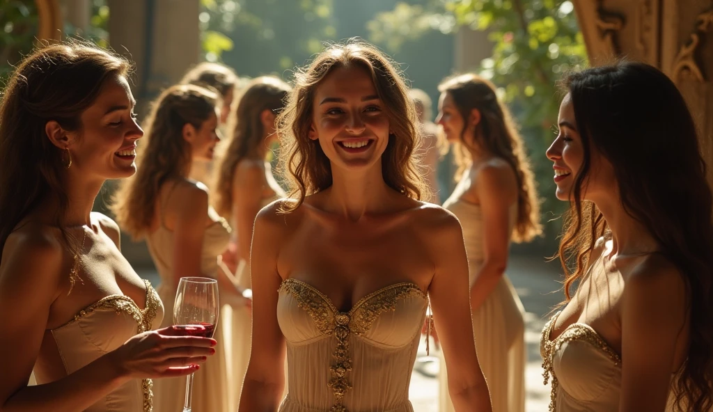 Realistic Beautiful short dainty young woman light brown hair completely naked embarrassed surrounded by tons of clothed women laughing at her. She is frowning about to cry. Everyone laughing at her. Completely nude