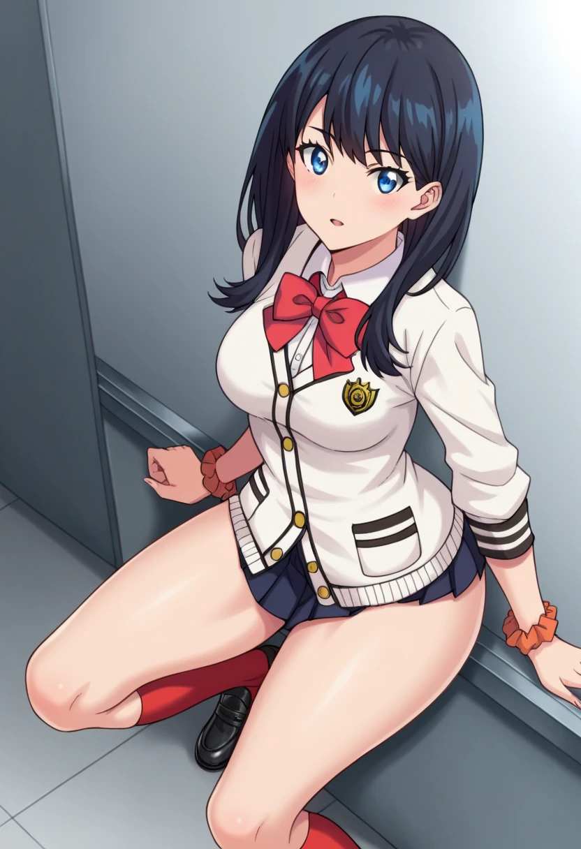 [[anime styled]],[[digitalart]],masterpiece,best quality,high resolution,Tomomi_Xijing,black hair,Short hair,Hair Ribbon,red eyes,midium build,(red ,winter clothes,long sleeves,long skirt),NSFW,1girl in,独奏,((sitting on the chair,reclining)),(Portrait),pussy focus,from below,(short torso),Perfect Lighting,(skirt lift,up skirt),show off panites,((lite blue striped panties)),smile,(underwear:1.2), (strong light),((brighten the subject)),shy,spread legs, break background classroom,