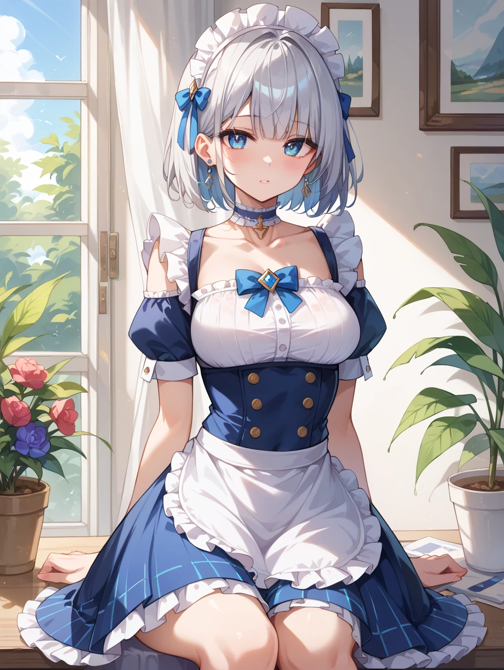 (masterpiece:1.3), (best quality:1.3), high resolution, couboy shot, leaning forward, body facing forward, (one cute girl:1.3), solo, white skin, big Breast, eight-headed person, light white hair, (bobbed hair:1.2), (short hair:1.1), (blunt bangs:1.2), beautiful hair, blue eyes, beautiful detailed eyes, open mouth, heart, cheerful smile, (rabbit ears:1.3), one piece dress, frill, white and blue clothes, miniskirt, earrings, indoors, bed, shadowlighting, approaching the object, contact with the object