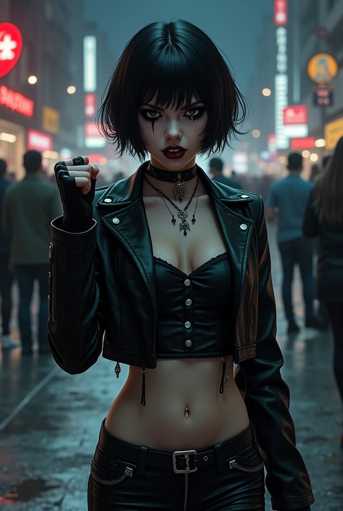 Bold girl standing, seductive, big breasts, black lipstick, sweaty body, open shirt, short and torn black shorts, black boot, big black hair with white lock, thin fabric, attractive. (Warehouse at night, dawn, old and abandoned place at night, night, dust flying, city destroyed at night). (masterpiece, seducing, depth of field, Full HD, 4K, 100mm lens, richness of detail). Dark style