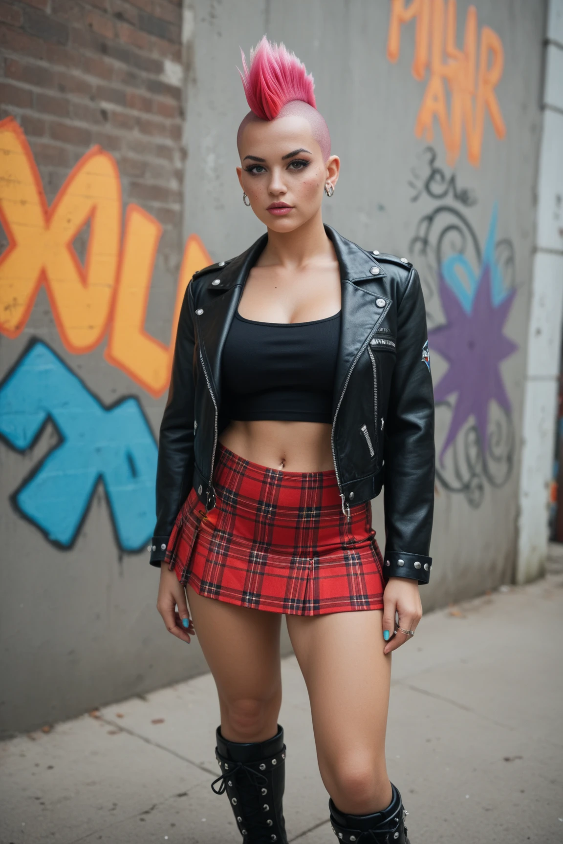score_9, score_8_up, score_7_up, 1girl (attractive young woman:1.1) punk arabian, green eyes, olive skin, curvy, wearing a cropped leather biker jacket covered in punk band pins,-> babydoll dress with floral print, paired with mismatched knee-high socks, metallic silver hair, ponytail with shave sides, thigh-high platform boots, __cf-punk/accessories__,mascara, crossed legs, yoga pose, pitiful,fig sign, in a dilapidated bandstand, its stage covered in peeling paint and adorned with torn concert posters, Local punk bands perform impromptu gigs, their raw energy reverberating through the park as crowds of misfits and rebels gather to slam dance, Masterpiece,best quality, photorealistic, amazing quality, very aesthetic, extremely detailed face