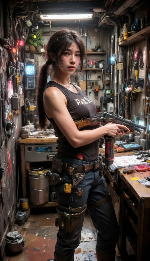 ((best quality)), ((masterpiece)), (detailed),japanese girl,  mesmerizing and alluring female mechanic covered in grease,Confident smile，Look into the camera，(Dirty and rugged body:1.2), (tough and confident demeanor:1.1), (mechanical expertise:1.3), ponytail hair, smudged face with a playful smirk, (zippered workpack coveralls:1.3) loose from her  body, (( breast and abs):1.2), cluttered repair shop, scattered car parts, (authentic automotive ambiance:1.2), (inocent gaze:1.1), gripping a wrench in her dirty hands, 8k resolution,looking at another, looking away,(irezumi tattoo:1.2), masterpiece, best quality,Photorealistic, ultra-high resolution, photographic light