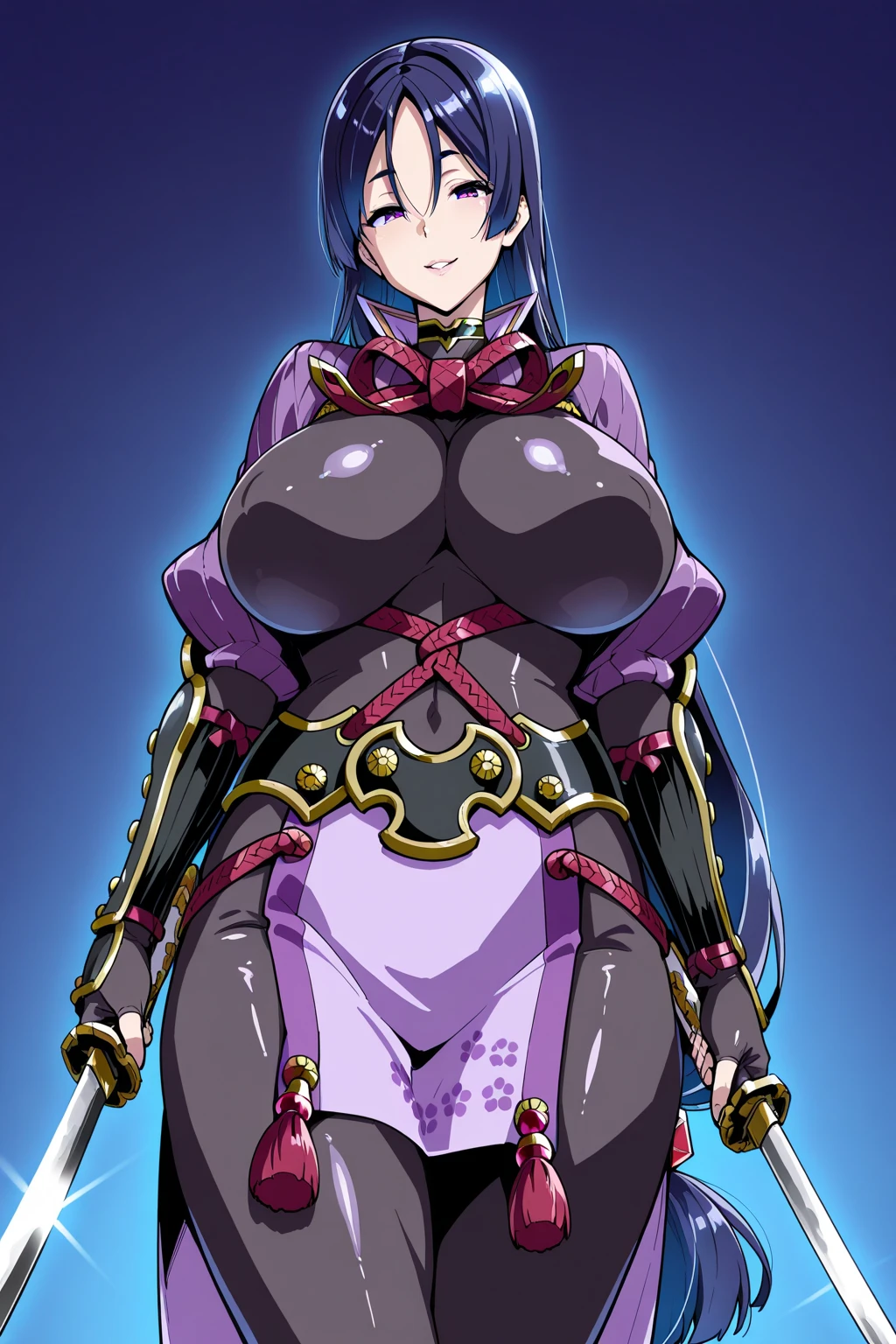 "(masterpiece:1.1), best quality, 
1girl, (80s anime style:1.3), (eyelashes:1.5), (loli:1.2), 
(intricate high detailed body:1.2), 
black hair, 
(forehead, short blunt bangs:1.1), (short hair:1.1), (witch hat:1.2), 
purple eyes, (lip stick:1.4), 
(gigantic breasts:1.5),
(happy, smile:1.2), open mouth, 
(golden embroidery leotard armor, corset:1.2), 
(spiked knight armor, armored boots:1.2), (mini skirt:1.1), (jewelry:1.1), gloves, 
standing, crossed arms, 
(upper body, cowboy shot, looking at viewer, from front:1.1),
(daytime, grassland, outdoors:1.1)"