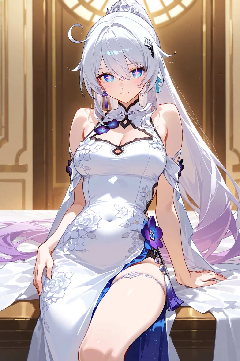 1girl, anime, cute girl, blank background, white background, fantasy, detailed fantasy dress with highlights, beautiful face, beautiful eyes, dark colors, black hair with multicolor streaks, red eye with different color pupil in eye, multicolor eye, medium breasts, slight cleavage, beautiful skin, cute, breast curtains, extremely delicate and beautiful, (beautiful detailed face:1.0), (detailed deep eyes), symmetrical breasts, deep eyes, shiny skin, portrait, slender waist, hips wider than shoulders, thighs, expressionless, young girl, luminous eyes, adorable，（Kpop idol）,（aegyo sal：1），（Platinum blonde hair：1），（（puffy eye）），Black panty，sexy posture，Superskirt, Ultra-high resolution，Black collar，slim figure, Abdominal y tattoo, womb tattoo，Tight-fitting leg ring，y tattoo on half-body，Bare skin, Armored hand，Hidden fingertips，Hand covered，Arm covered，Fist covered,{{beautiful detailed fingers}}, tufts of hair, moderate beautiful breast:1.0,(masterpiece:1.2), best quality, high-res, HDR, perfect face, intricate armor, delicate blue filigree, intricate filigree, red metalic parts, detailed part, dynamic pose, dynamic lights, cute face, neutral expression, shuimobysim, lotus, hanfu, maxi skirt, dress conservatively 1girl, solo, long blue hair, standing, One lady,14years,((White hair) ,(Shiny purple bodysuit with microskirt),((Fantasy, Moon Night)), gradient_eyes,