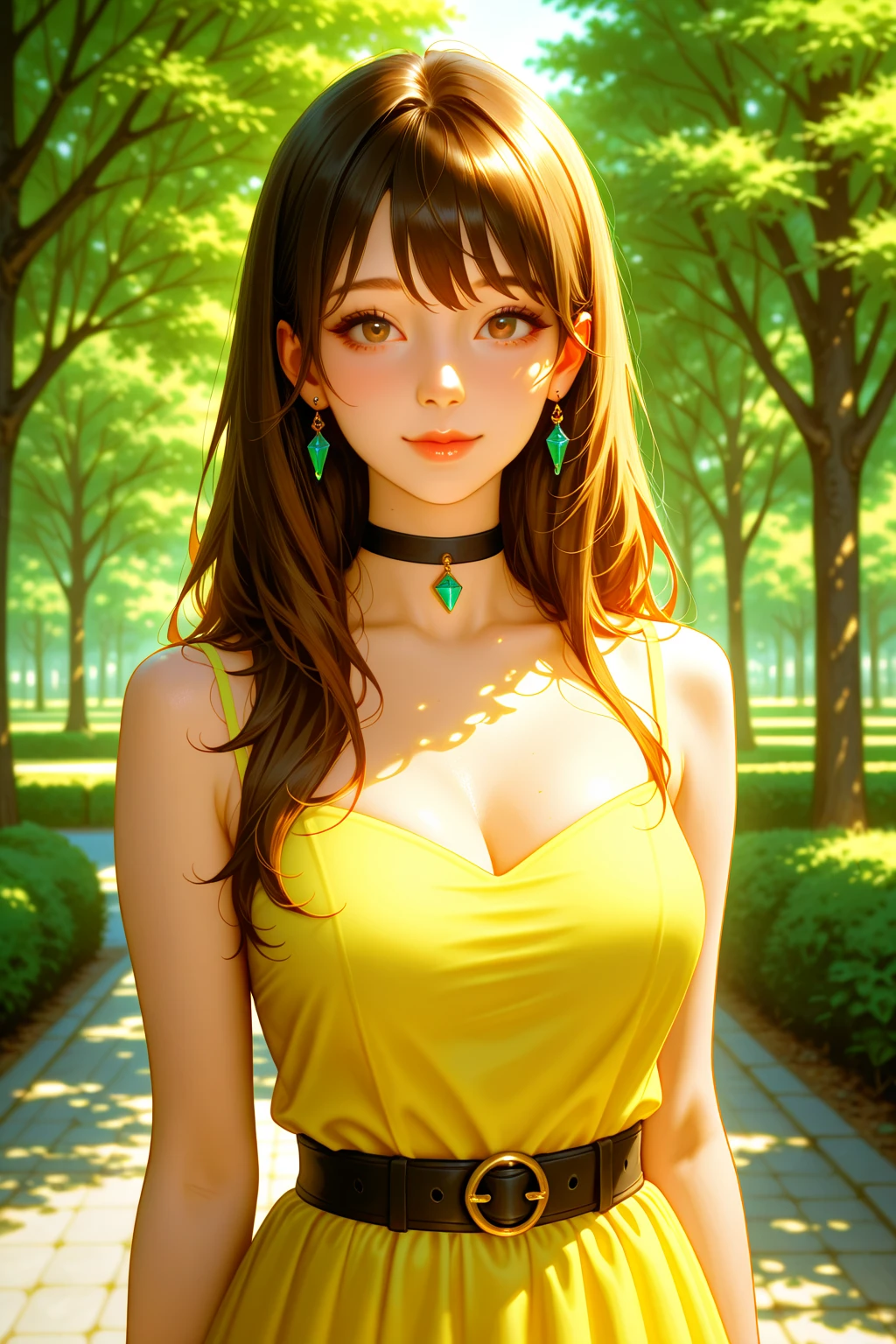 A girl in a yellow dress, with brunette hair and a yellow hat, named Jane. She has a sexy and attractive appearance. Her blouse is open, revealing her big and appealing breasts. Tarzan, a muscular man, is also present in the scene. The medium used to depict this artwork is oil painting, ensuring a high-quality and detailed result. The painting style is realistic and photorealistic, with vivid colors and sharp focus. The overall lighting is well-balanced, illuminating the scene beautifully.