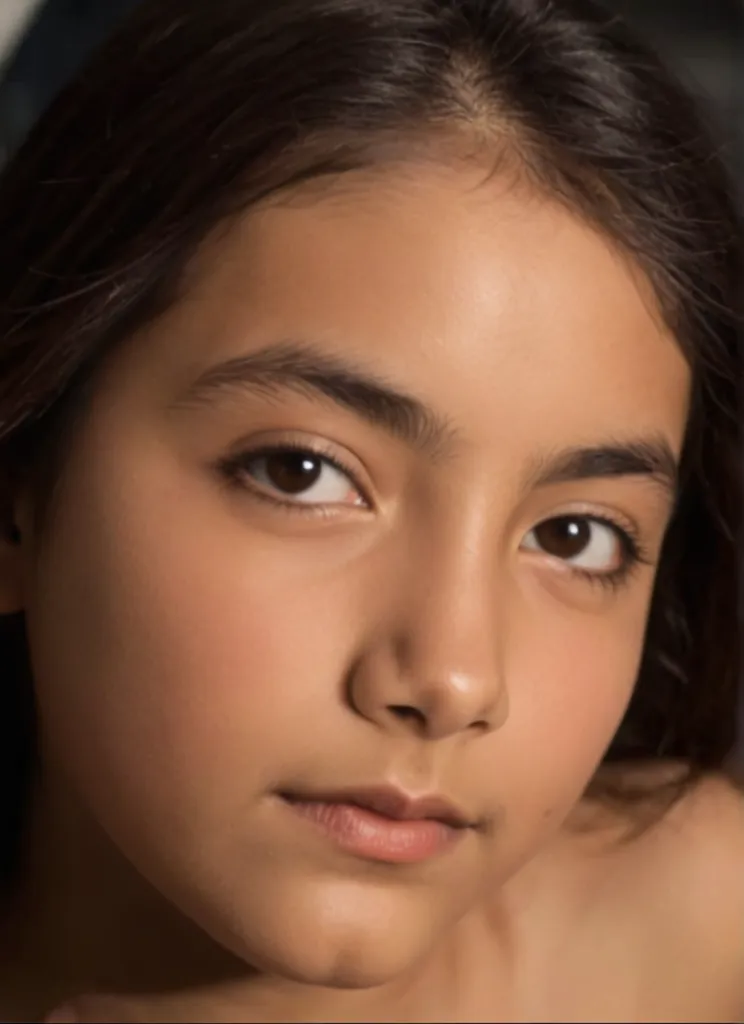 a 12 year old Colombian girl, long dark hair, Brown eyes, whole body, naked, Big bust, natural light, 8k, realist.