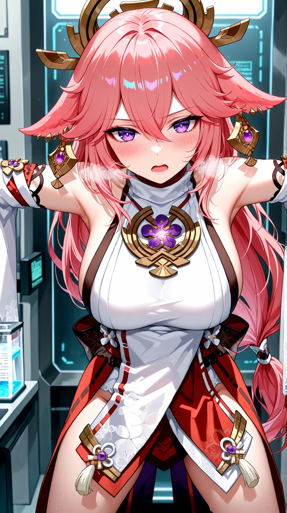 masterpiece,best quality,source_anime,1girl,solo,yae_miko,indoors,laboratory,stationary restraints,wide spread arms,closed legs,through wall,cowboy shot,looking at viewer, purple eyes, pink hair, very long hair, low-tied long hair, animal ears, fox ears, floppy ears, hair between eyes, earrings, hair ornament, jewelry, white kimono, japanese clothes, long sleeves, wide sleeves, detached sleeves, bare shoulders,sleeveless shirt,open mouth,heavy breathing,blush,looking at viewer,serious