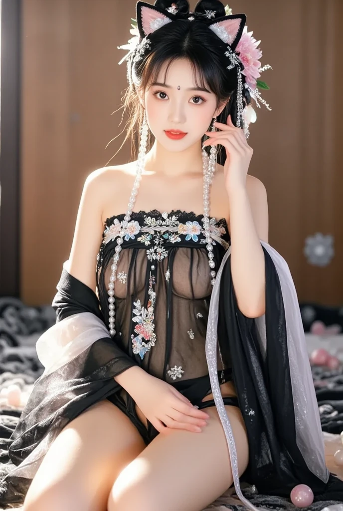 Ultra HD, 8K, Super detailed, Photos of Dark Fantasy Art, Big breast beauty,Big ,Transparent clothing,girl in tulle skirt,making eye contact, dark, Moody, dark fantasy style, Beautiful Lights, great composition