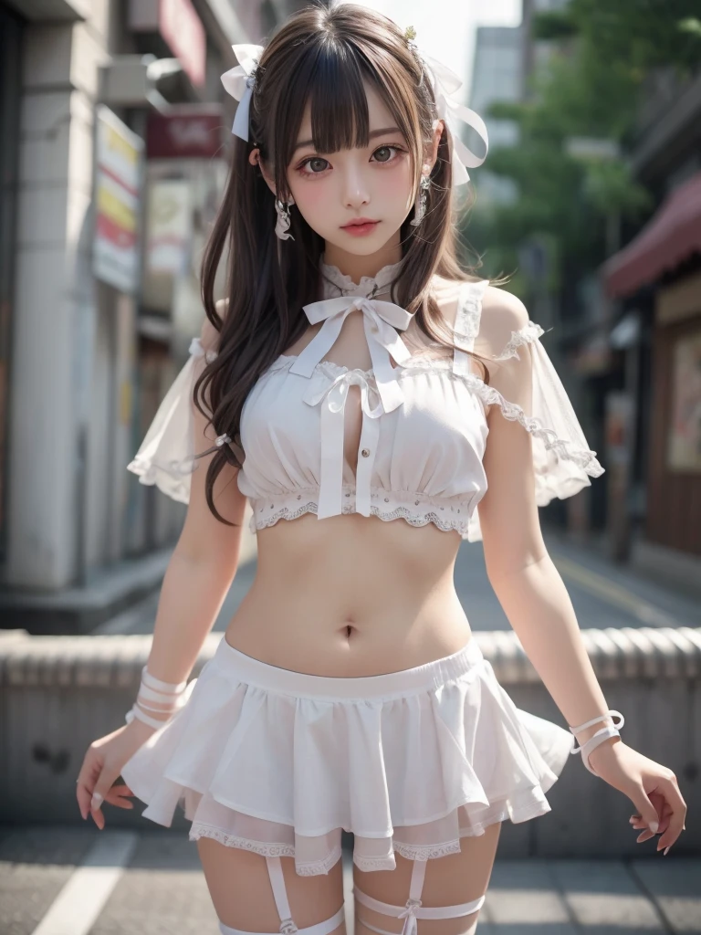 there is a woman in a white dress with a spider - man costume on, white skirt and barechest, cosplay of a catboy! maid! dress, wearing white skirt, dressed as schoolgirl, small curvy loli, cute schoolgirl, wearing skirt, touching her clothes, belly button showing, anime girl in a maid costume, japanese girl school uniform