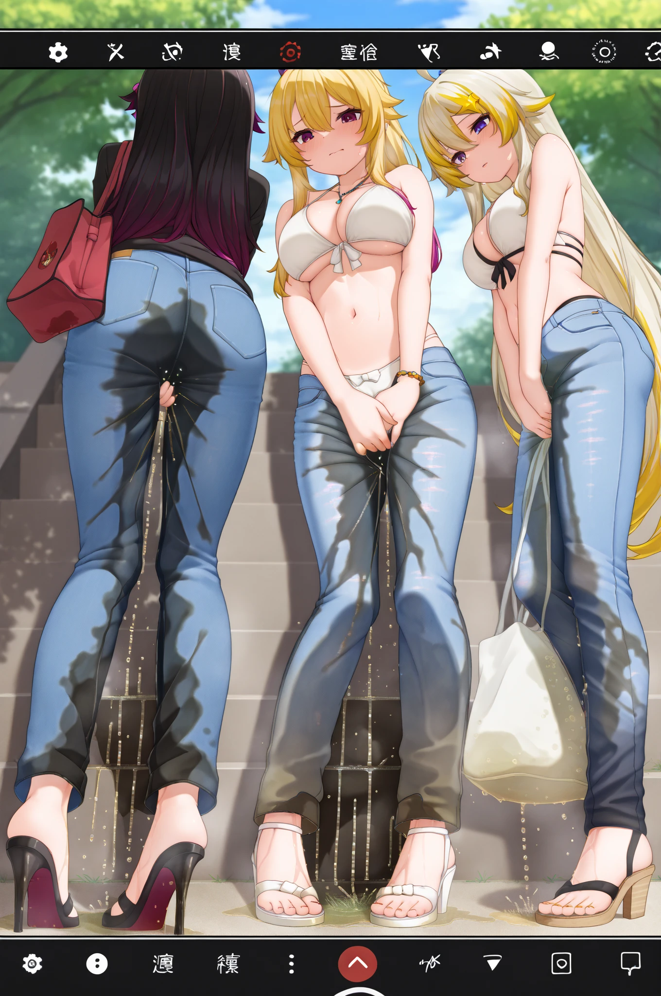 ((best quality, masterpiece:1.3, 8K)), (detailed), highly detailed face and skin texture, detailed eyes, downtown, full body, slender body, 2girls, 25 years old, white skin, bright lips, worried, embarrassed, long hair, (forehead:1.0), hard nipples, jeans pants, flares jeans, blue jeans, peeing jeans, peeing pants, pee stain, (wetting herself:1.5), desperation:1.5,
