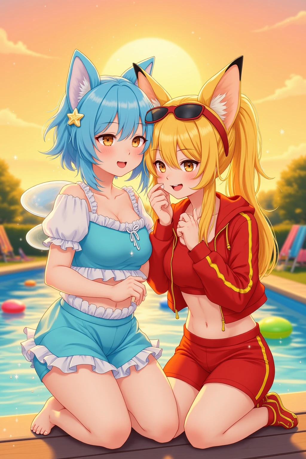 masterpiece, best quality, highres, ahri1, 1girl, solo, blonde hair, k/da (league of legends), long hair, multicolored hair, open hair, blue eyes, two-tone hair, beach day, smile, 2 young boys on her both sides, red hair boy on the left and blue hair boy on the right