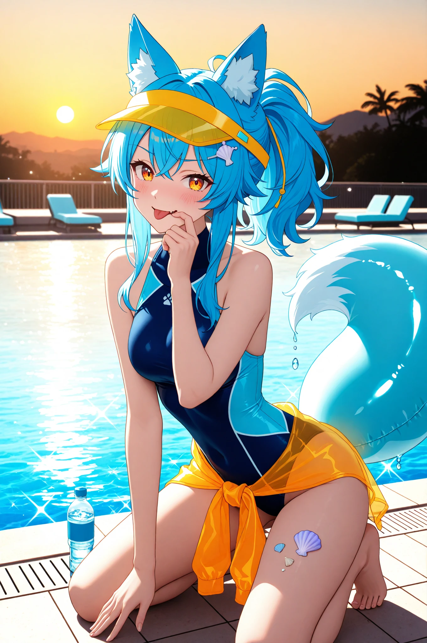 (Masterpiece) (High Detail) (High Res) A short humanoid girl with pale human skin and blue eyes and long blue hair and blue dog ears and a fluffy dog tail and average breasts is wearing a yellow and orange one-piece swimsuit and is sat on the edge of a swimming pool