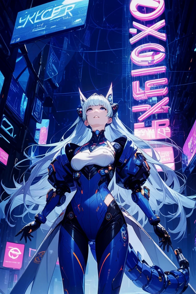 tmasterpiece,best qualtiy,ultra - detailed,very detailed illustration,The is very detailed,Complicated details,A high resolution,super complex detail,Very detailed 8k CG wallpaper,cowboy lens,Caustics,Reflectors,Ray traching,Demon Theme,Starcloud,darkness aura,cyber effect,(1girll:1.4),Solo,Alone,Mecha musume,mechanicalparts,robotjoints,single mechanical arm,Headgear,Mechanical Aura,Star halo,electric mechanical bodysuit,mecha corset,komono,Full armor,Very long hair,White hair , Hair between both eyes, Colorful hair, Colored inner hair, blue colored eyes, glowing light eyes, Eye trajectories, Random expressions, Random actions, Ancient Japanese architecture, ponds, starrysky, skylines,