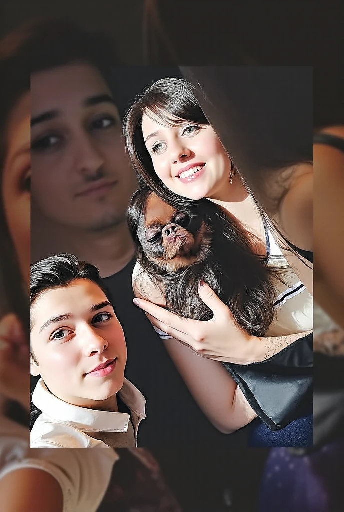 Turn this image into a drawing style with manga with paint effects. Keep proportions true to the original faces and keep the Labrador puppy brown.