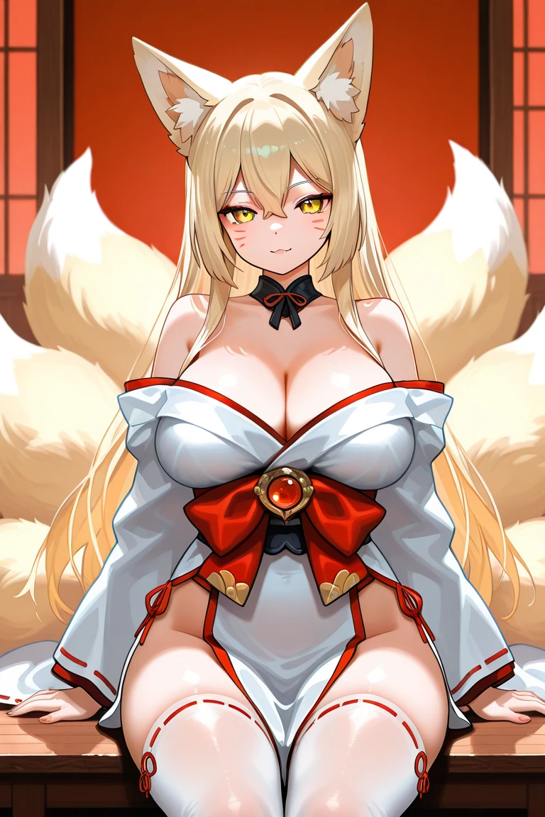 highest quality、Big Breasts、Damaged knitwear、Fox ears、Long blonde、Red Eye、Japanese-style room