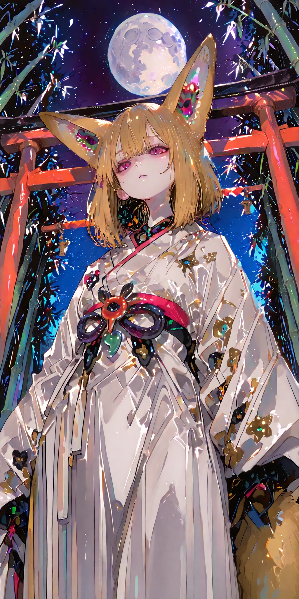 Background:shrine,In the precincts of Torii,bamboo forest,moon光で明るく照らされている,Pale bright night sky,moon,1girl,Young Fox Woman,Japanese style kimono,Big fox ears,big fluffy fox tail, magatama pendant ,is facing the front,facing viewers,looking at viewers,dynamic pose,Backgroundは妖しく光っている,low angle,Anime Chic,Safe Content (masterpiece, 最High Quality, High Quality, 詳細なBackground, complicated details,complicated,super high resolution, is so beautiful,Newest:1.2)