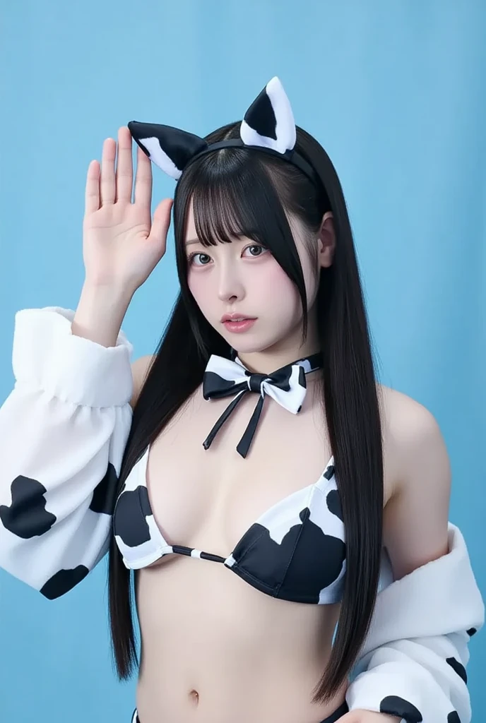 high school girl, (Japanese idle:1.6), (cow pattern swimsuit:1.3), (Cat ears:1.3),  (Big cat:1.3), sundown seashore,