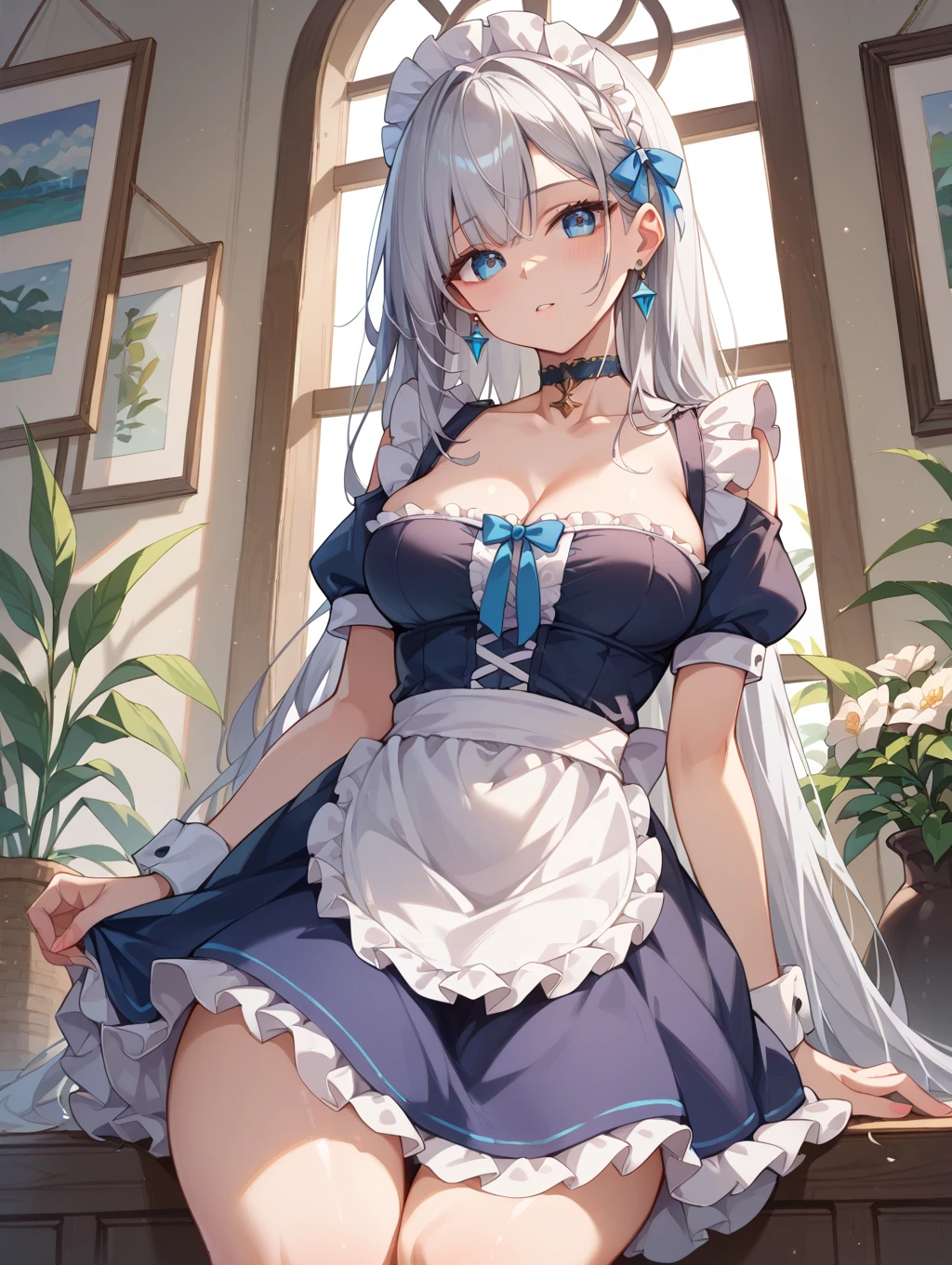 (masutepiece, Best Quality:1.2),Illustration,8K,hard disk,1girl in,Solo,very_long_hair,Large_breasts,white_hair,Bangs,cleavage,braid,Blue_Eyes,French_braid,鎖骨,Purple_Eyes,chain,Collar,Dress,frilld,maid,maid_Head dress,white_gloves,white_thighs thighs thighs thighs,maid_Apron,white_Apron,frilld_Apron,greys_hair,frilld_gloves,Blue summer sky,washing,hold the sheet in your hand,look up to,