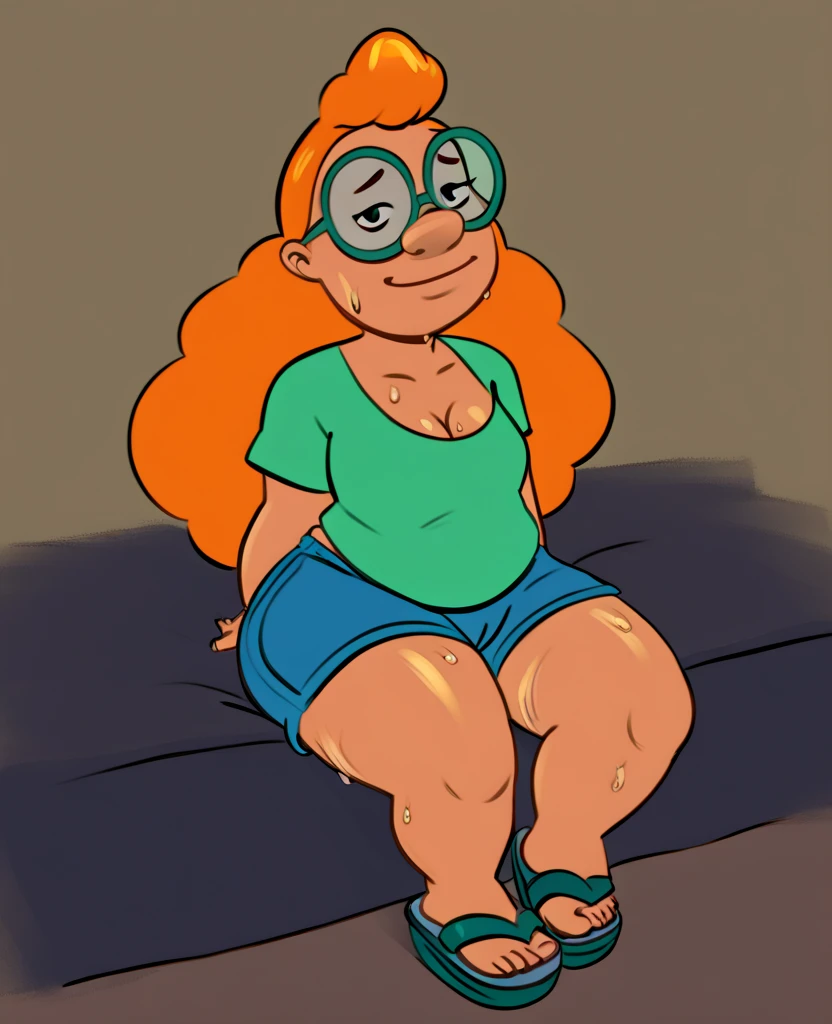 rating_explicit, Mertle_Edmonds, 1girl, little_child, female_child, curvy orange hair, long hair, round green glasses , (completely nude:1.2),pussy,niplles,room, looking at viewer, chubby, full body, smiling, shy, score_9, score_8_up, score_7_up, score_6_up, score_5_up, score_4_up,