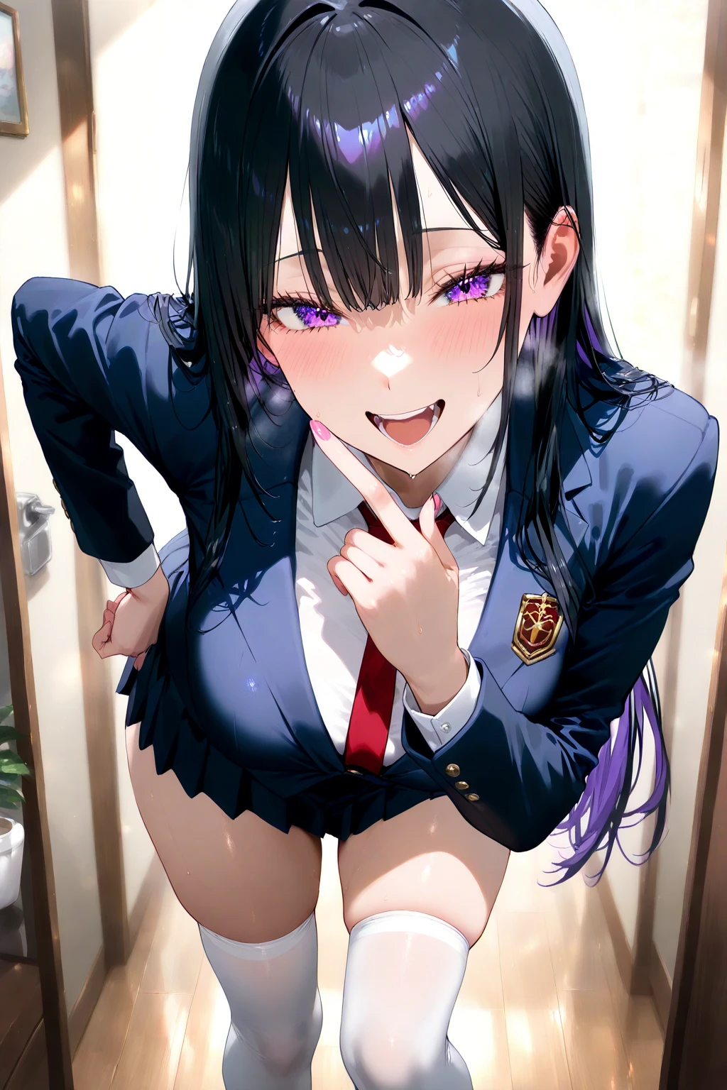 (nsfw),masterpiece,ultra detailed,sharp focus,high resolution,(v sign with both hands:1.5),(aroused:1.5),bukkake,face focus,navy blazer,long skirt,black medium hair,tongue,at hotel,(sweaty:1.2),grinning,cum on face,(trembling,flying heart-shapes),squatting and spreading legs,