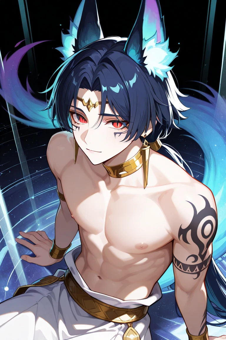 masterpiece　male　Kneel　Raised arms　Embarrassing　Emerald Hair　Swimwear　Blue Hair　Yellow Eyes　suffer　Upper body naked　Droopy eyes