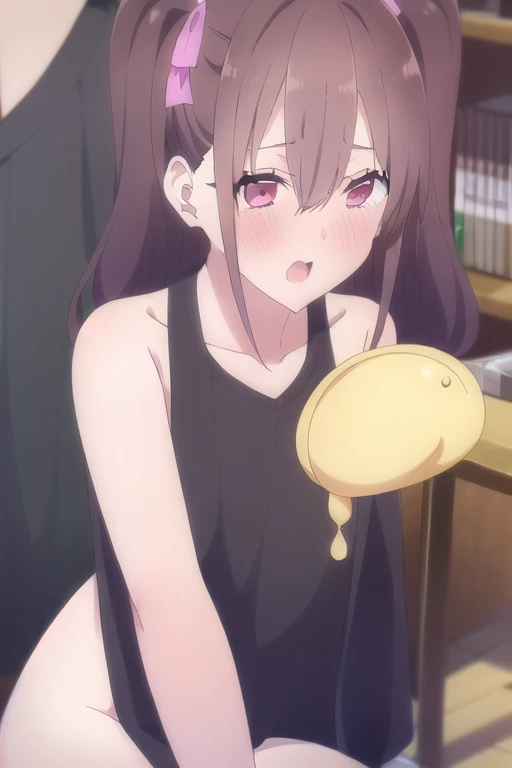 1girl, nsfw, KAZEMACHIHARUKA LIGHT BROWN HAIR, LOW TWINTAILS, HAIR BETWEEN EYES, HAIRCLIP, , SHORT HAIR, Purple EYES,, empty eyes, large breasts, nipple, Cafeteria, frozen,(Sweating profusely, Love juice, Wet Woman, female ejaculation), crying, Naked, (1girl) Peeing, lactation, projectile lactation